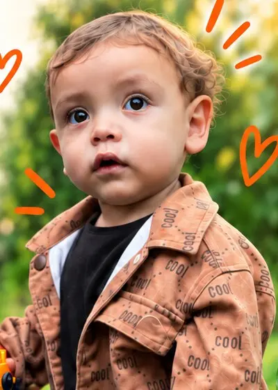 Little Liam standing outdoors in a brown jacket, looking toward the camera
