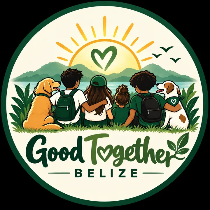 Good Together Belize logo: children and dogs sitting together on the grass, watching the sun rise over green hills